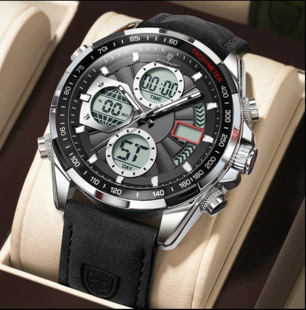 Multifunctional watch with black strap and detailed face on beige surface