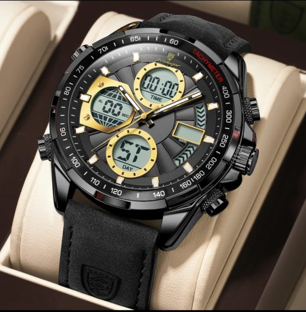 Black and gold wristwatch with digital and analog display on a beige cushion