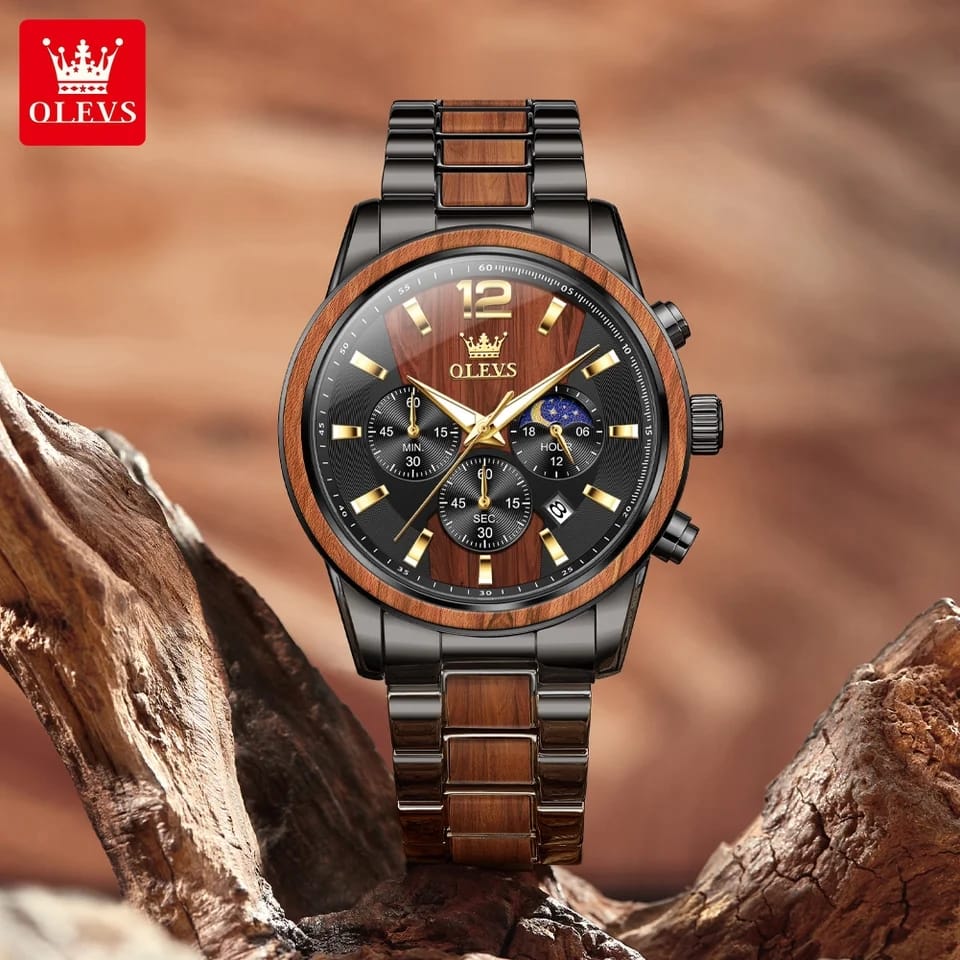 OLEVS 3645 Men's Wooden Chronograph Watch – Elegant & Waterproof