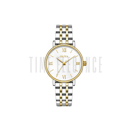 OLIYA 5209 Women’s White Round Dial Watch – Gold Silver Bracelet