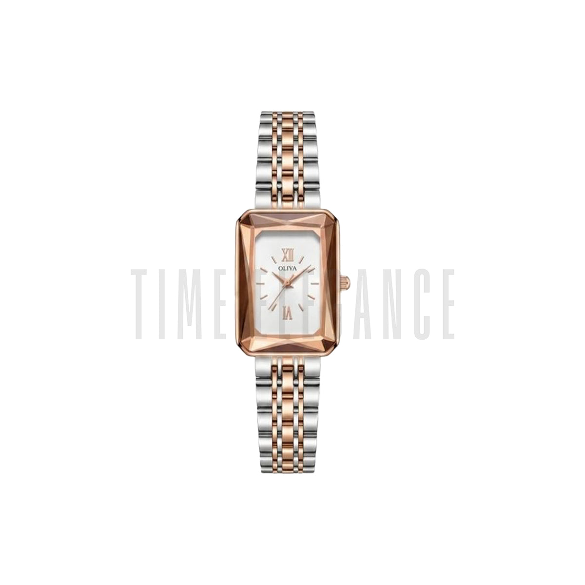 OLIYA 6881 Women’s Rectangle Quartz Watch Two Tone White Dial– Stainless Steel Vintage Ladies Wristwatch