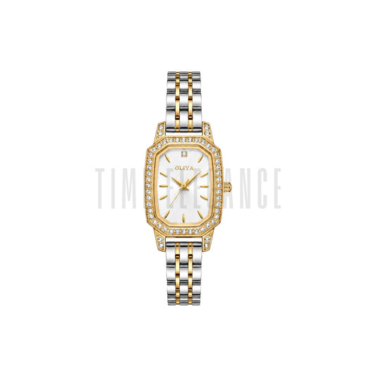 OLIYA 2002 Women’s Diamond-Encrusted Quartz Watch White Dial – Small Dial Stainless Steel Vintage Wristwatch