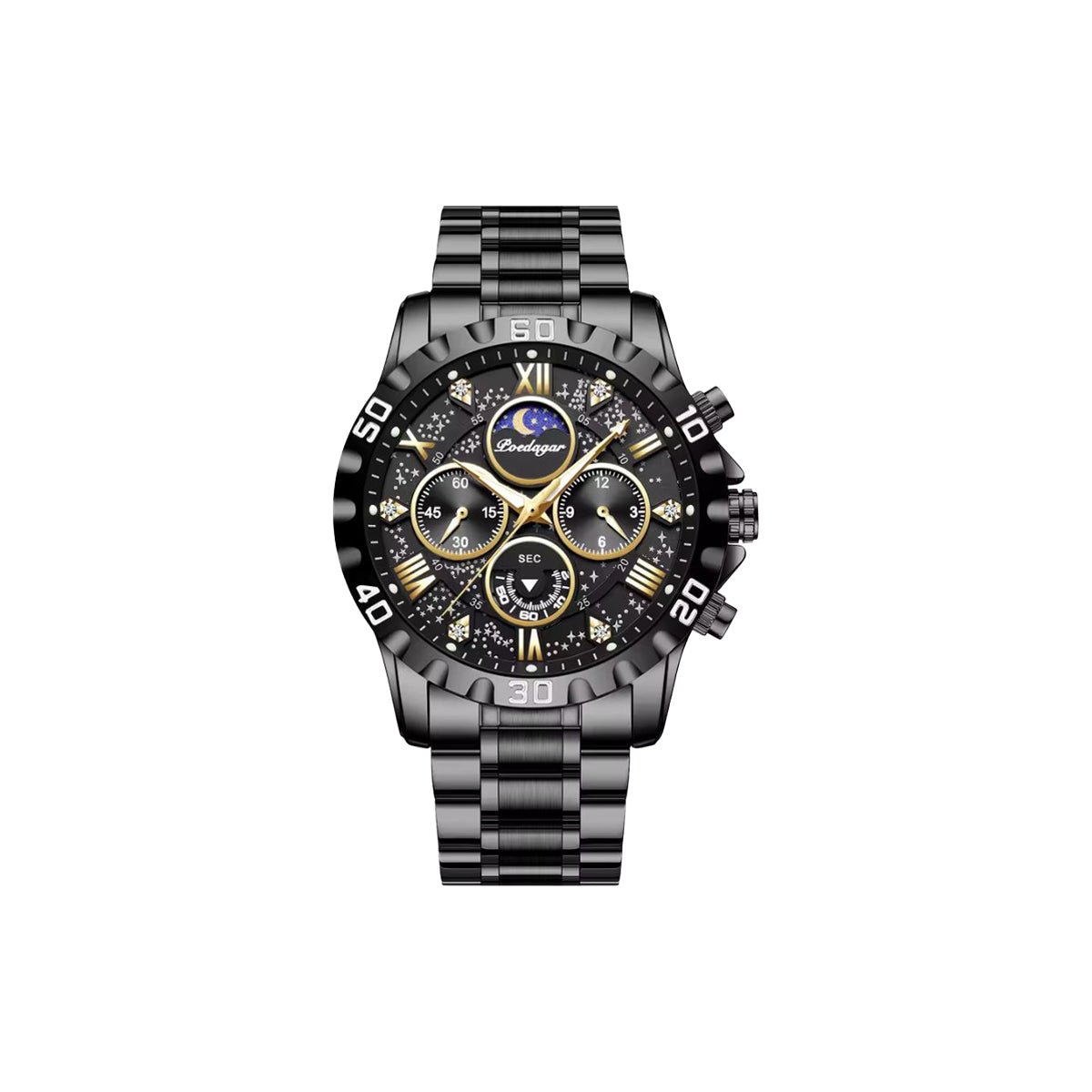 Black and gold watch with detailed face on a white background