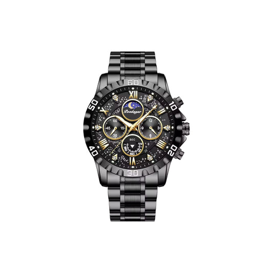 Black and gold watch with detailed face on a white background