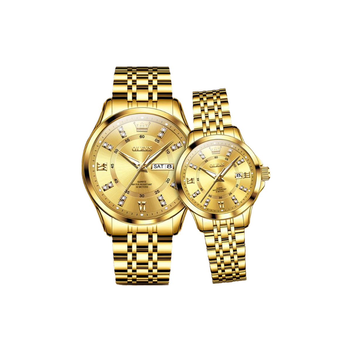 OLEVS 3620 Luxury Couple Quartz Watch Golden– Stainless Steel Matching Wristwatch Set