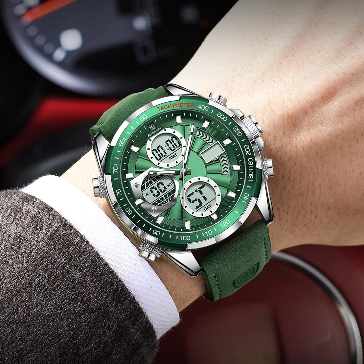 Green watch with digital display on a wrist, blurred background