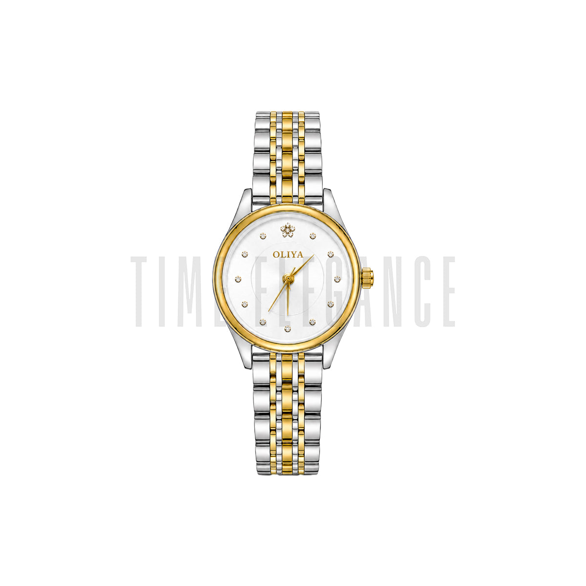 OLIYA 6658 Women’s White Crystal Dial Watch – Gold Silver Bracelet