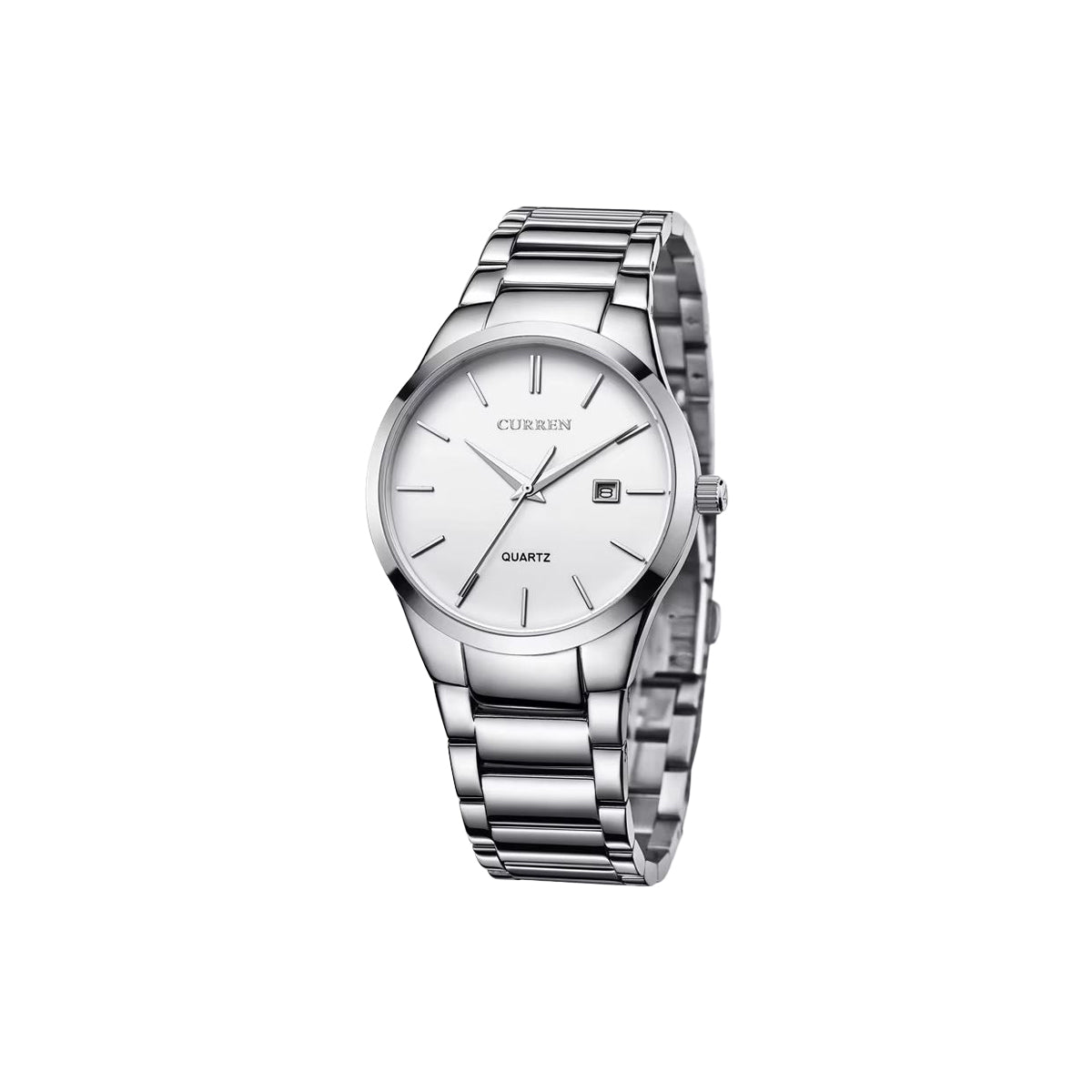 Silver wristwatch with a white face on a white background