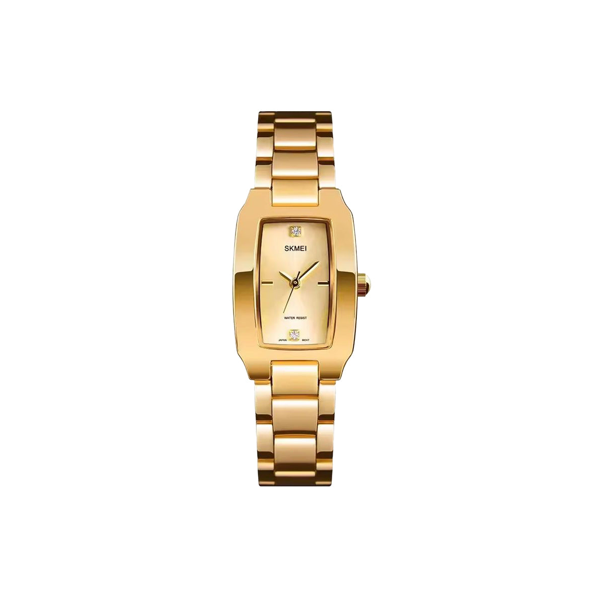 Gold wristwatch with a white background