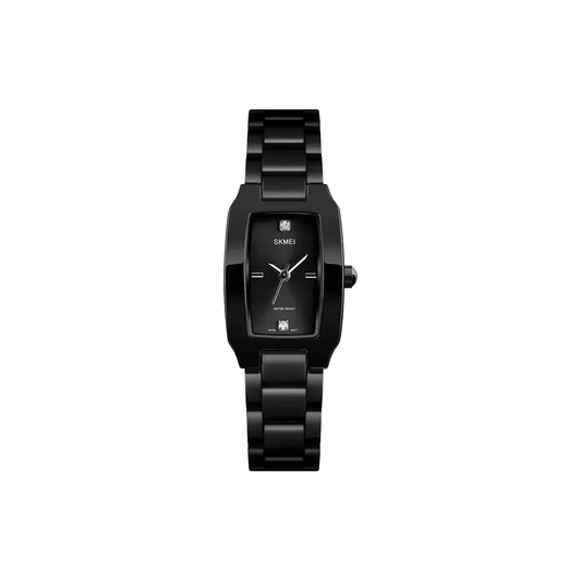 Black wristwatch with a square face on a white background