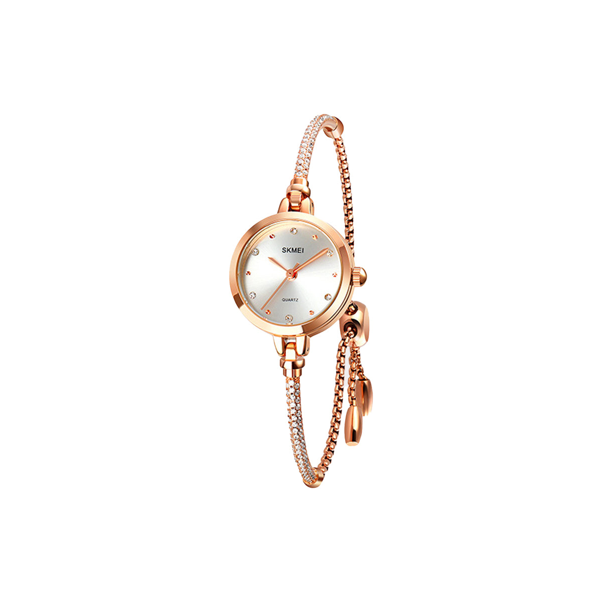 Rose gold watch with bracelet on a white background