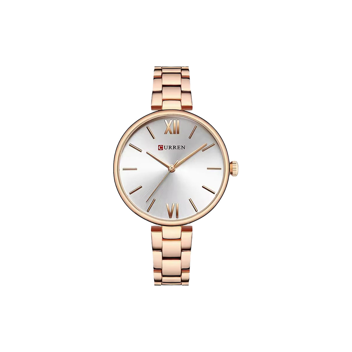 Rose gold watch with a white face on a white background