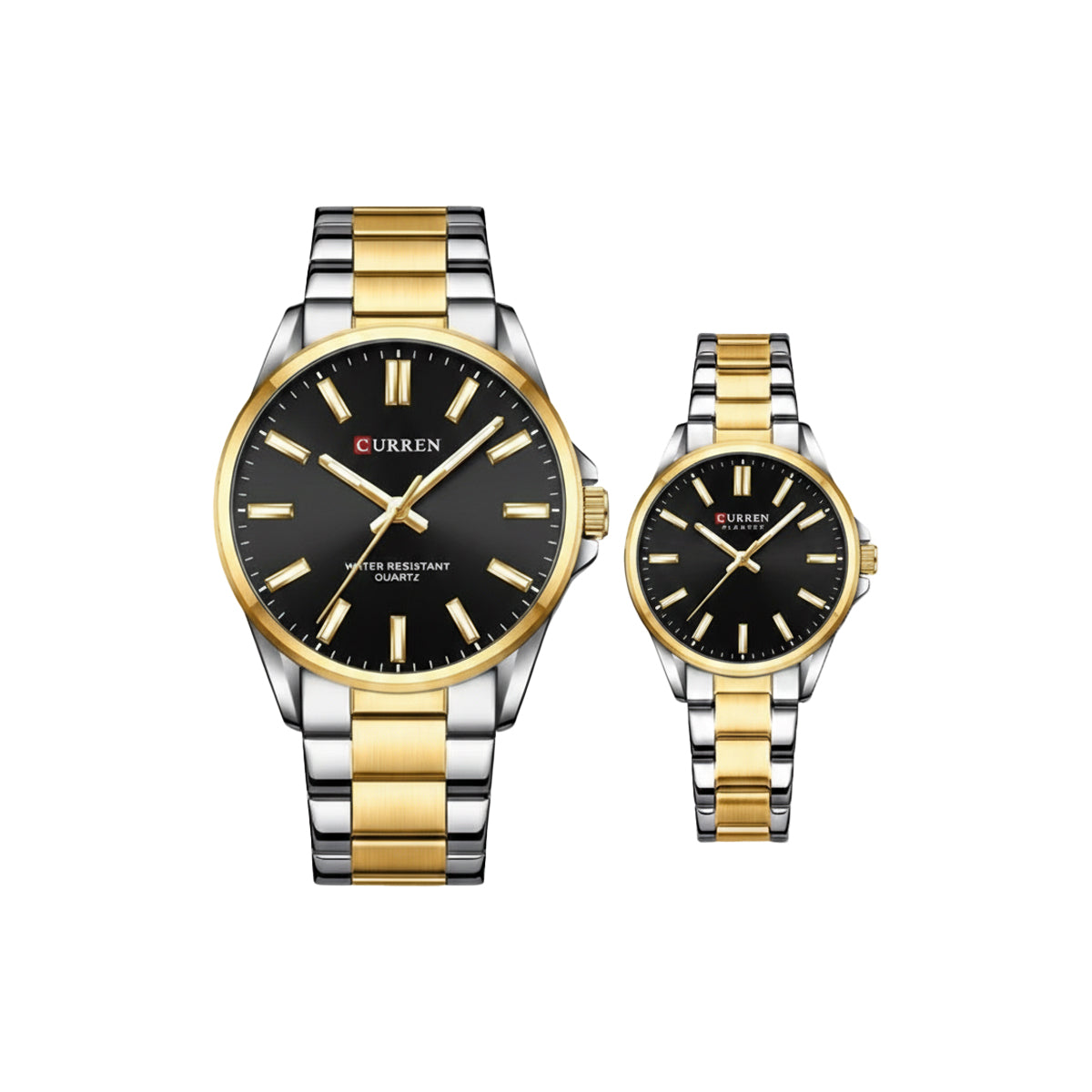 Two watches with gold and silver straps on a white background, featuring the brand 'Curren'.