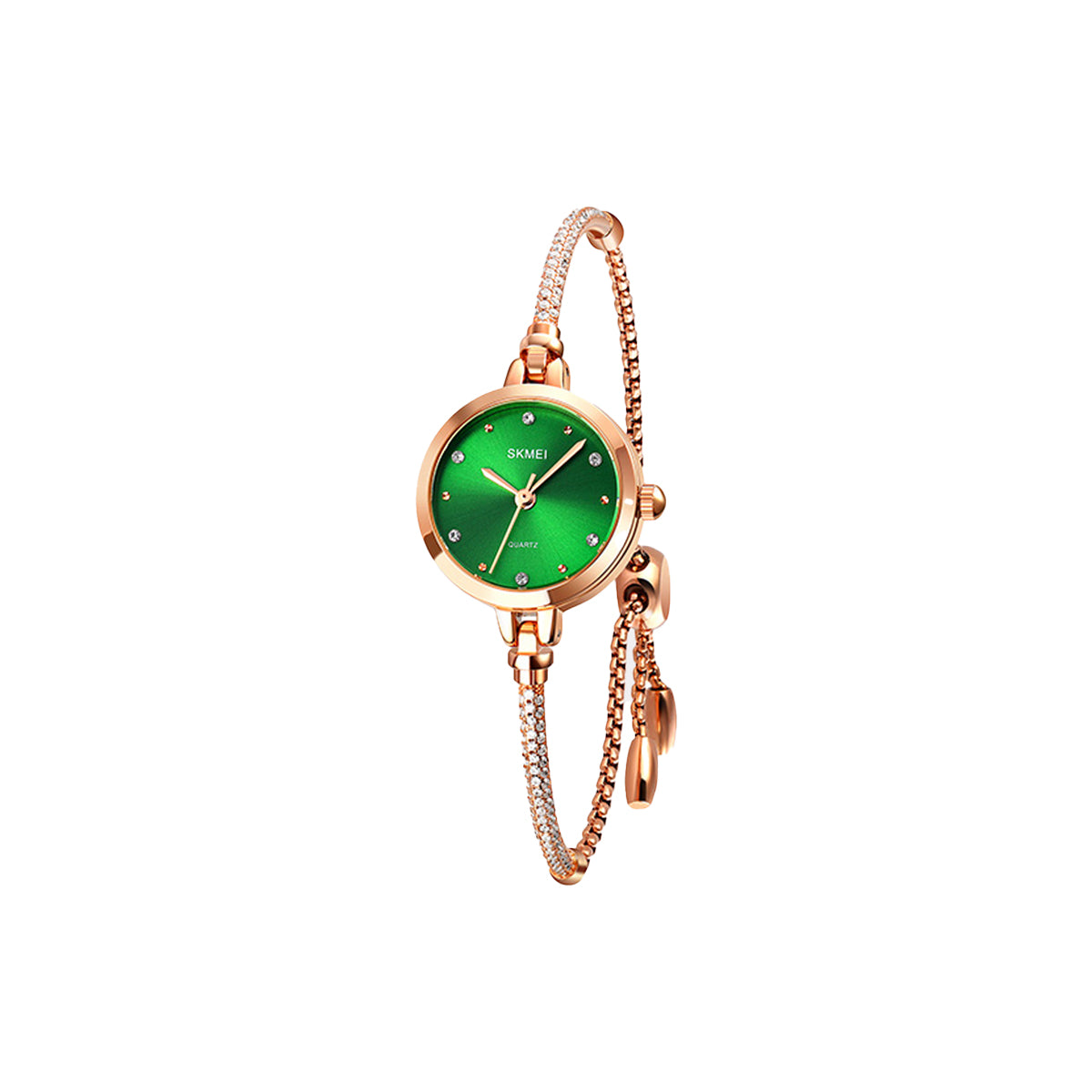 Rose gold watch with green face on a white background