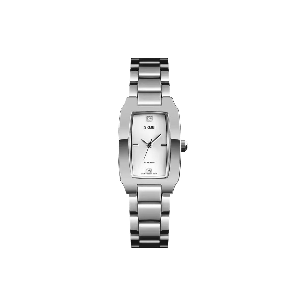 Silver wristwatch with a rectangular face on a white background