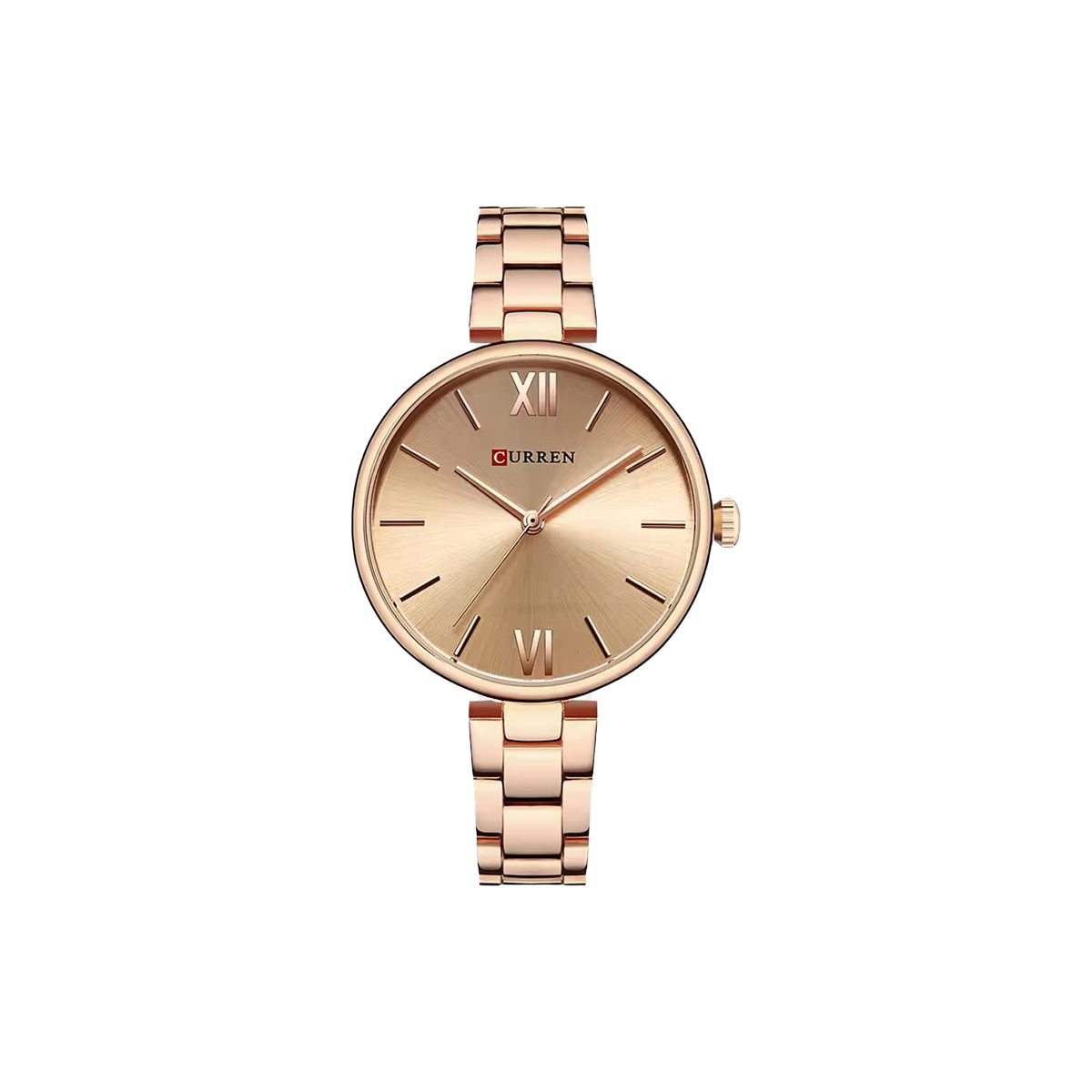 Rose gold watch with brand name on a white background