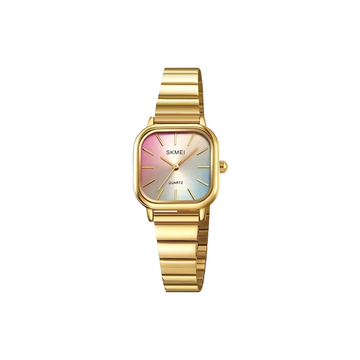 Gold wristwatch with a pink and white face on a white background