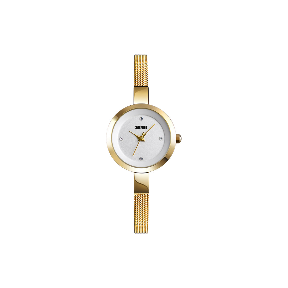 Gold watch with a white face on a white background