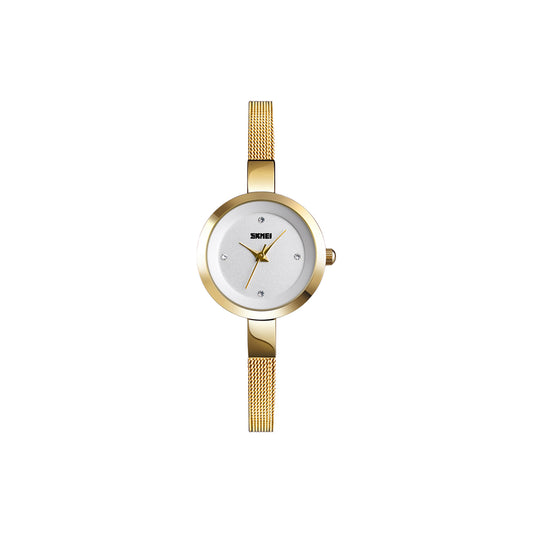 Gold watch with a white face on a white background