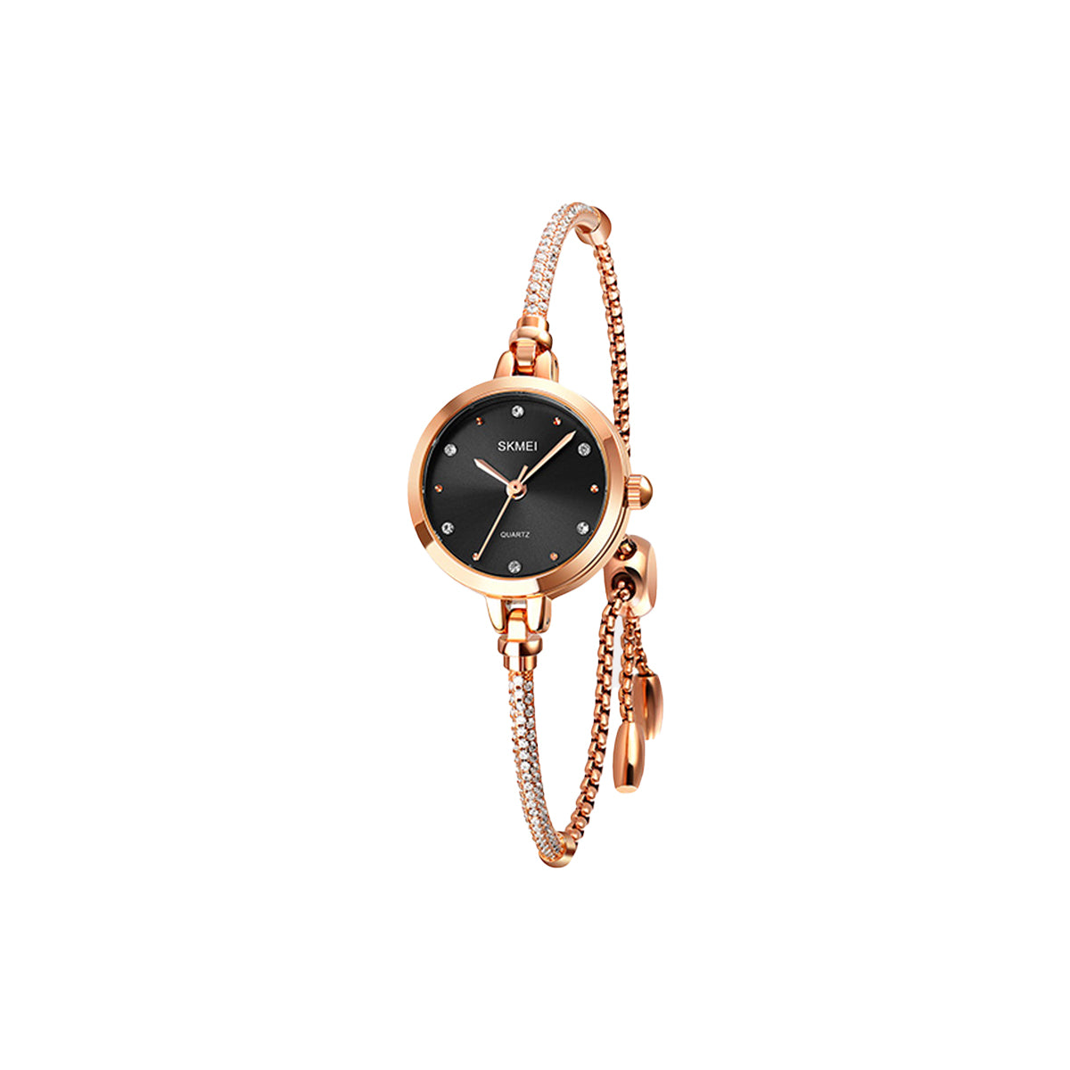 Rose gold watch with black dial on a white background