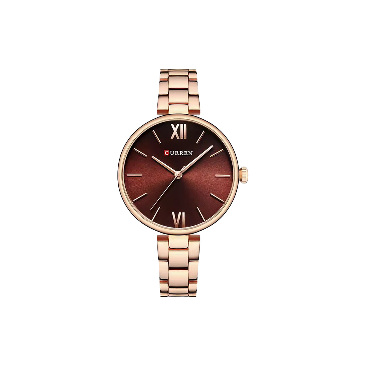 Rose gold watch with a brown dial on a white background