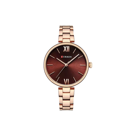 Rose gold watch with a brown dial on a white background