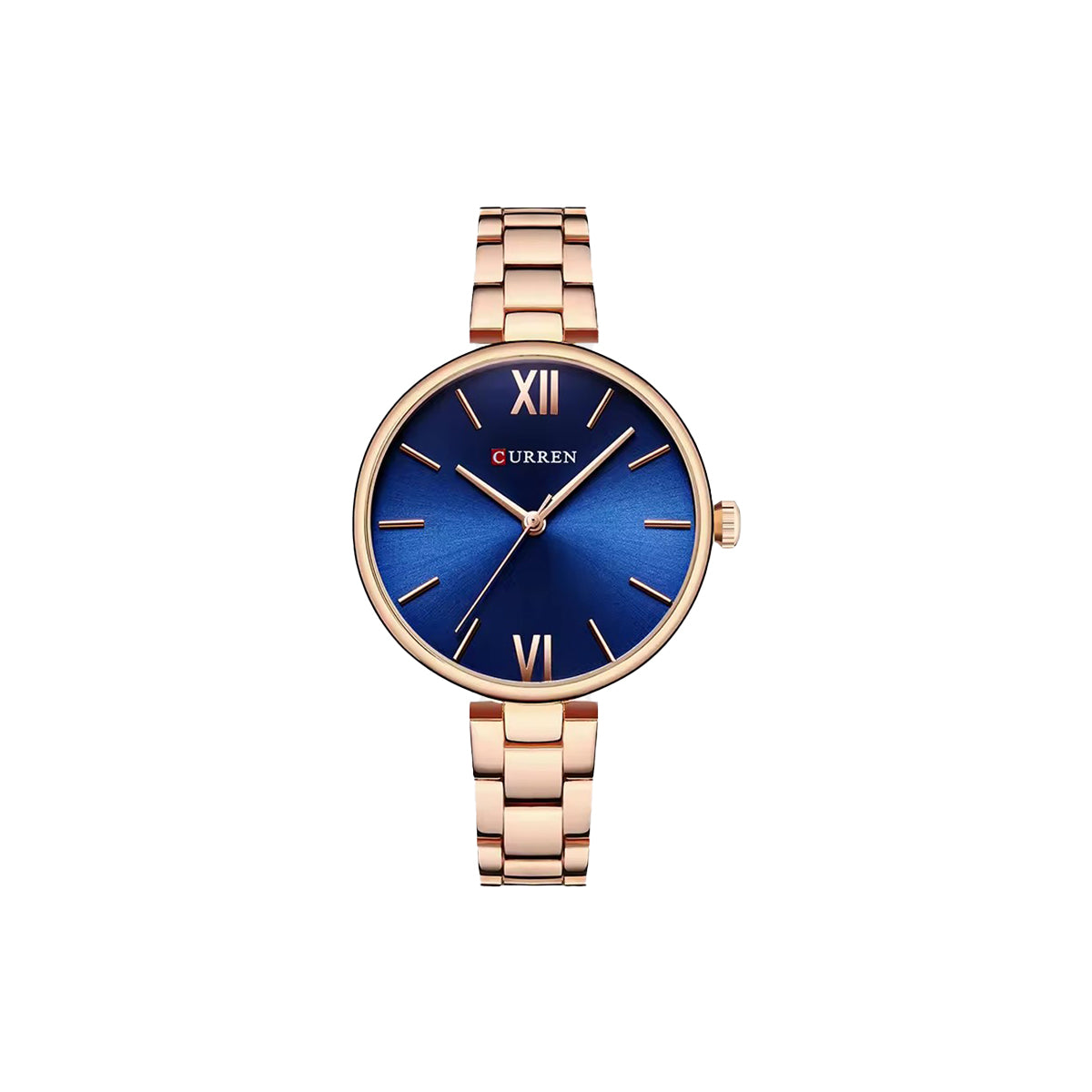 Rose gold watch with a blue face on a white background