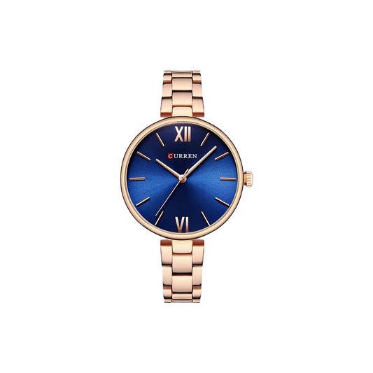 Rose gold watch with a blue face on a white background