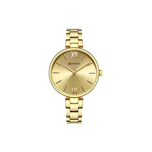 Gold wristwatch with a white background