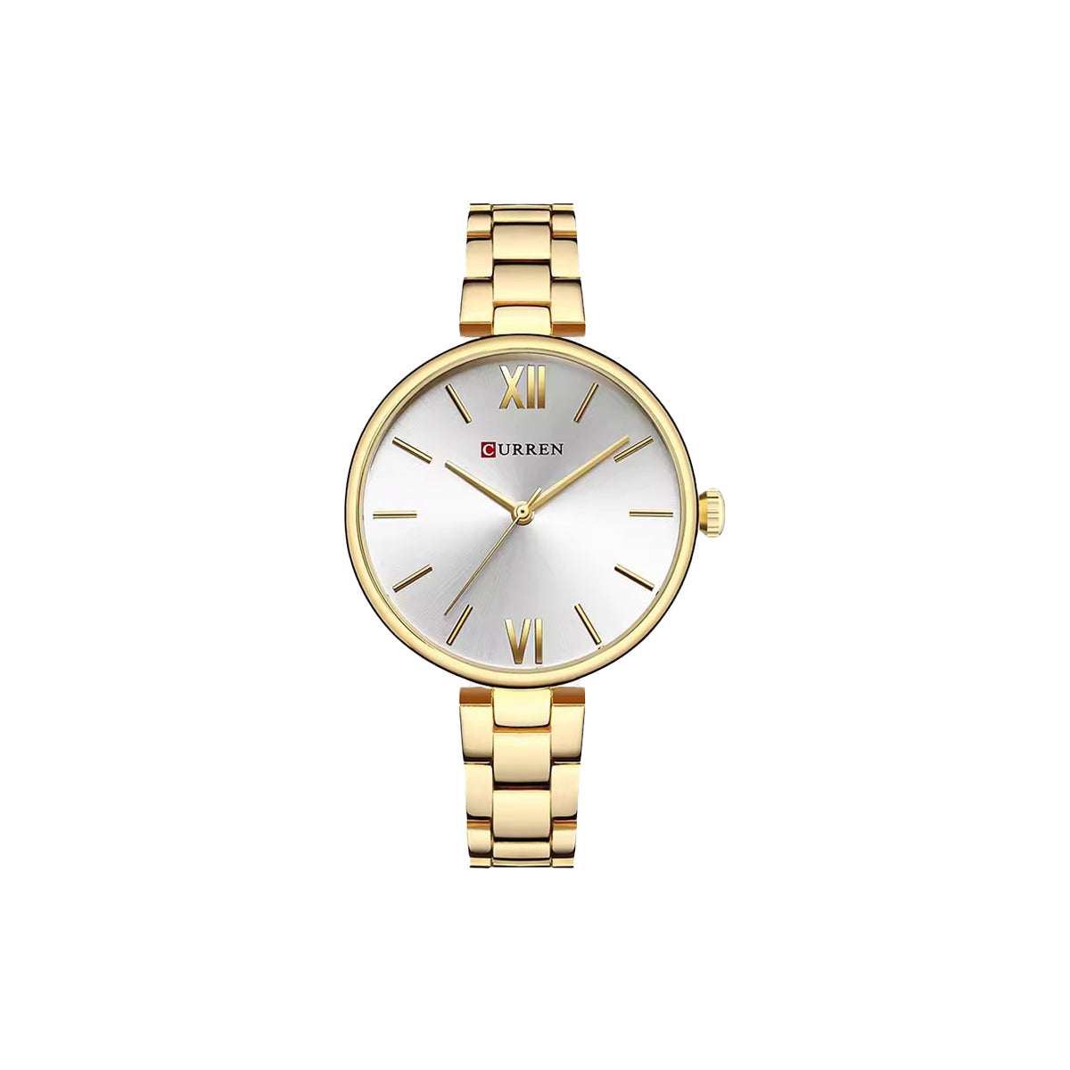 Gold wristwatch with a white face on a white background