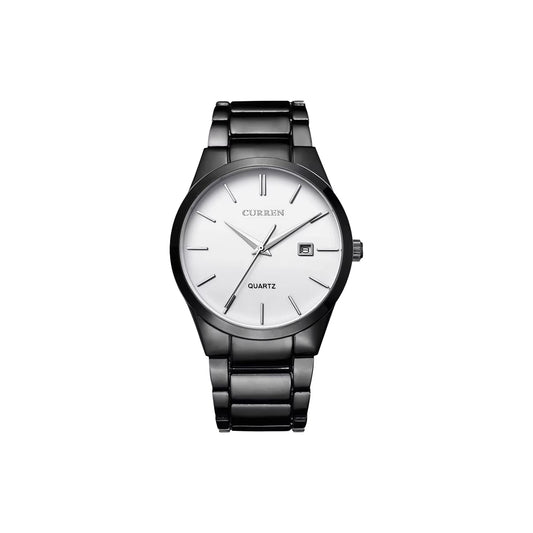 Black wristwatch with white dial on a white background, brand 'Curren' visible.