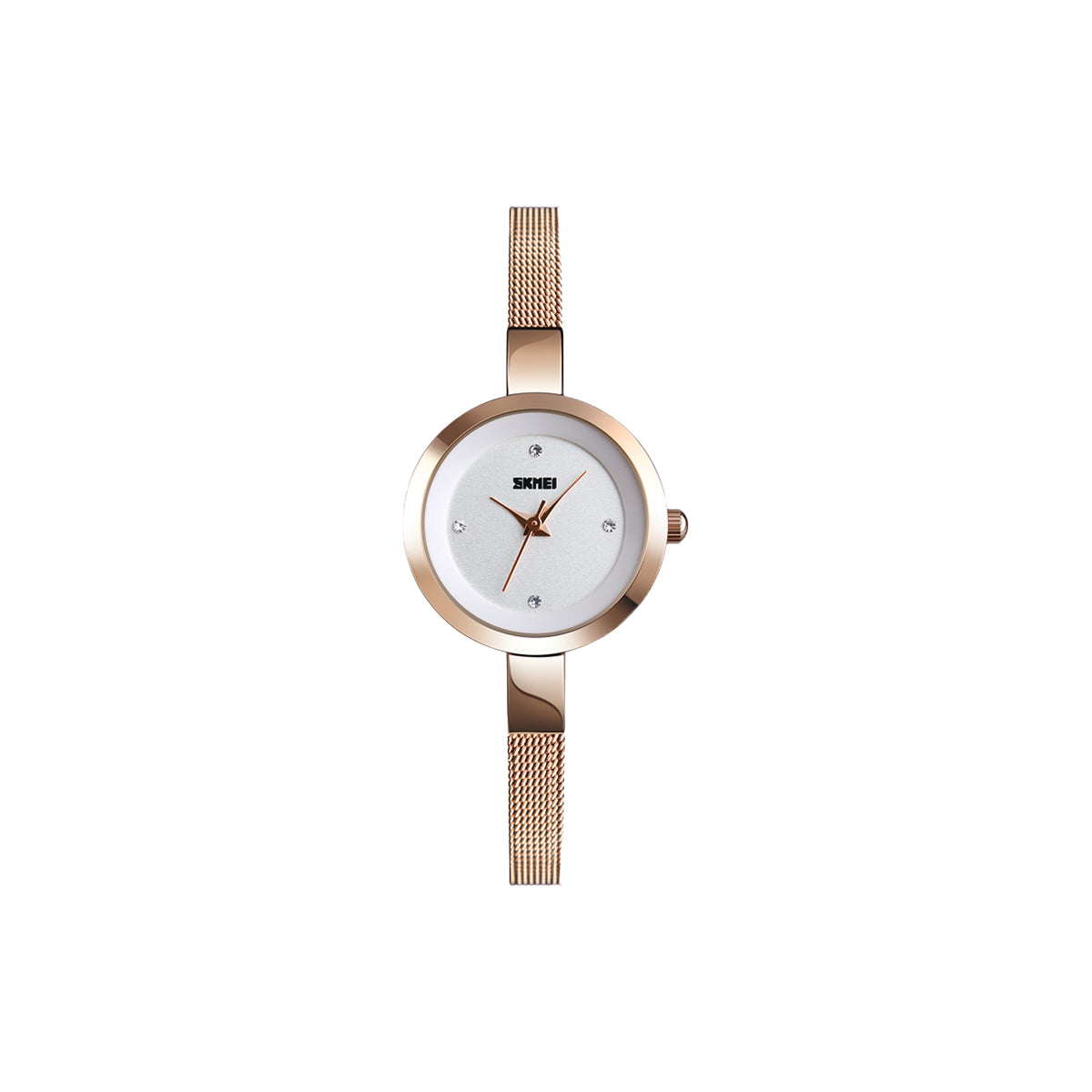 Rose gold watch with a white face on a white background