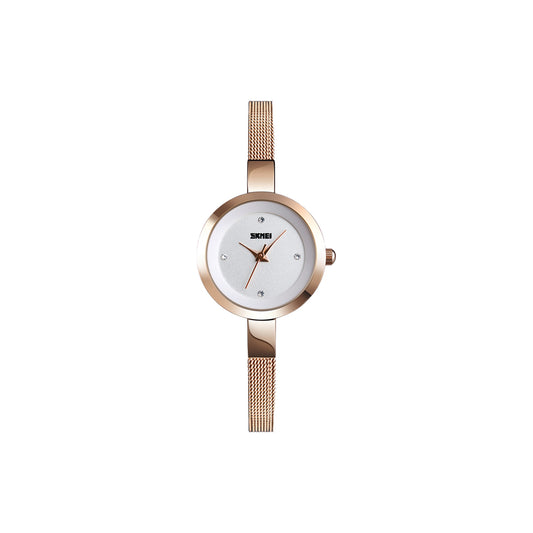 Rose gold watch with a white face on a white background