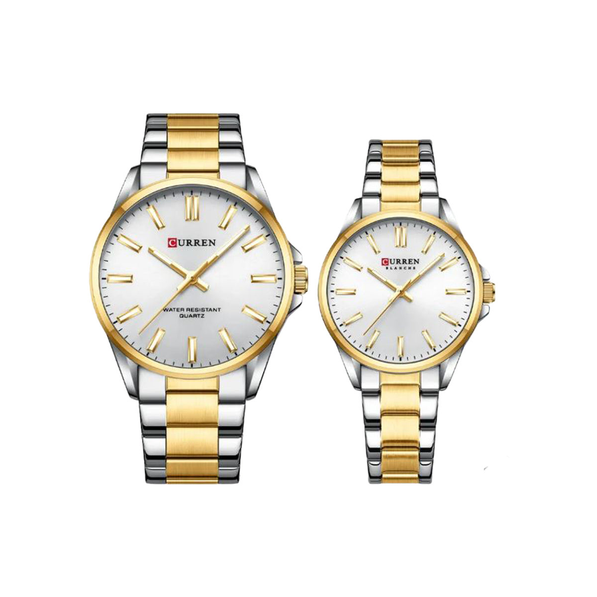 Two gold and silver watches with white faces on a white background