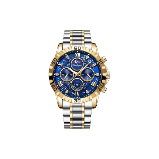 Luxury watch with blue face and gold and silver band on white background