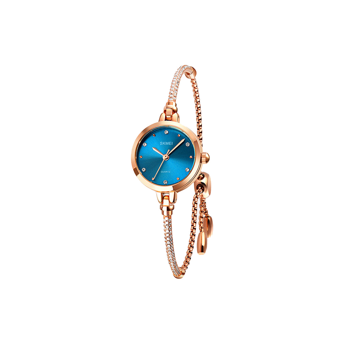 Rose gold watch with blue face on a white background