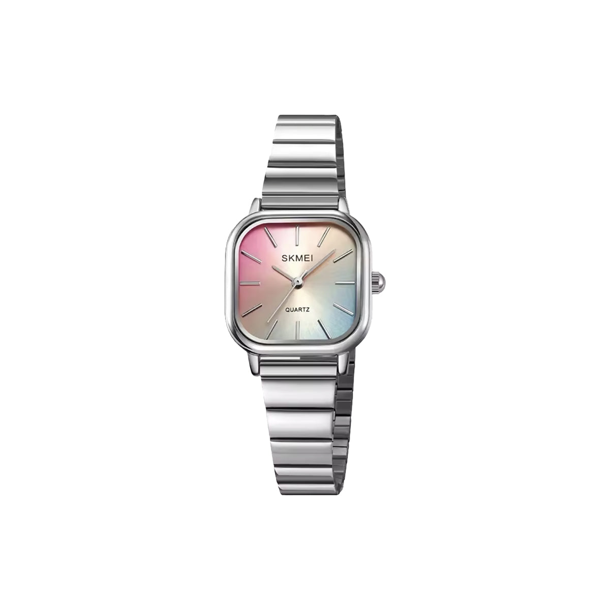 Silver watch with a pink and blue gradient face on a white background