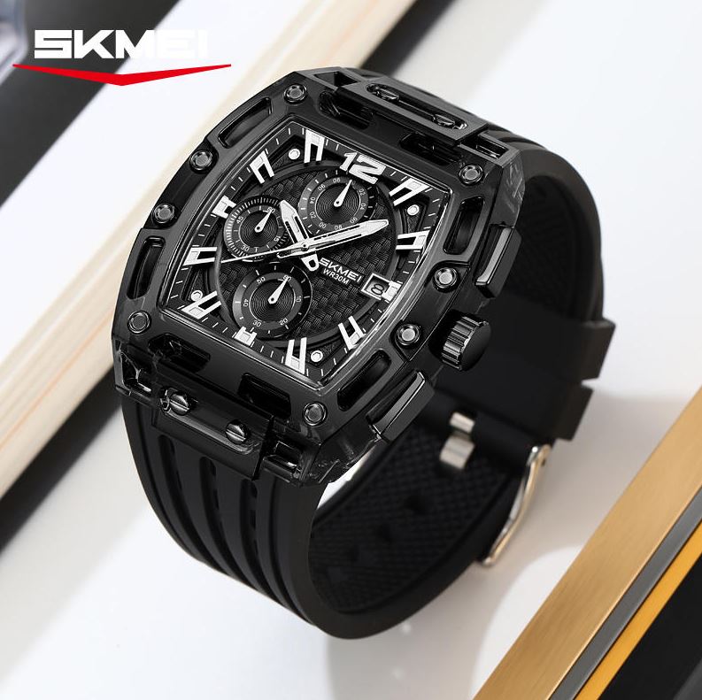 SKMEI 2606 Men’s Big Tonneau Sports Watch Black– Multi Functional Waterproof Quartz Wristwatch