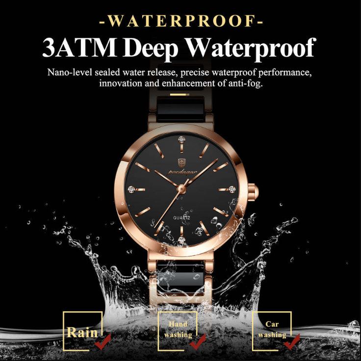 POEDAGAR 505 Women’s Luxury Rose Gold Black Quartz Watch – Ceramic Strap Fashion Wristwatch