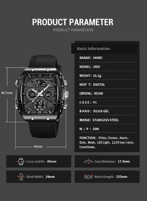 SKMEI 2603 Men’s Tonneau Digital Sports Watch Black– Chrono Waterproof LED Wristwatch