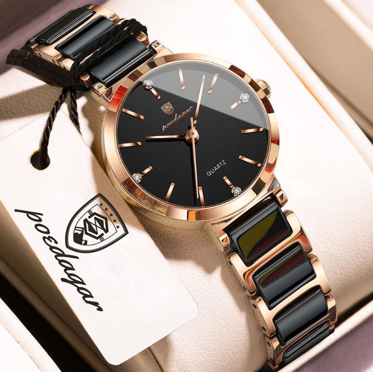 POEDAGAR 505 Women’s Luxury Rose Gold Black Quartz Watch – Ceramic Strap Fashion Wristwatch
