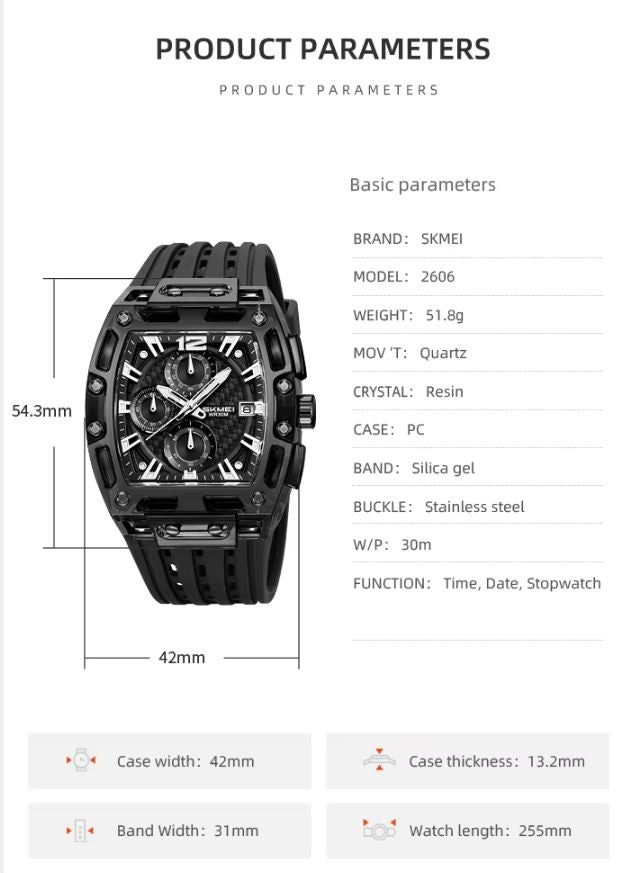 SKMEI 2606 Men’s Big Tonneau Sports Watch Black– Multi Functional Waterproof Quartz Wristwatch