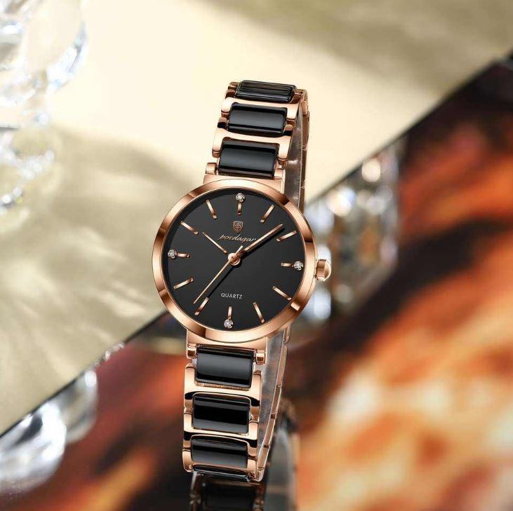 POEDAGAR 505 Women’s Luxury Rose Gold Black Quartz Watch – Ceramic Strap Fashion Wristwatch