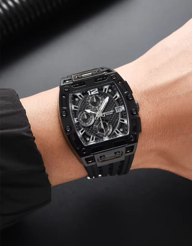 SKMEI 2606 Men’s Big Tonneau Sports Watch Black– Multi Functional Waterproof Quartz Wristwatch