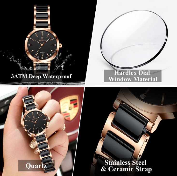 POEDAGAR 505 Women’s Luxury Rose Gold Black Quartz Watch – Ceramic Strap Fashion Wristwatch