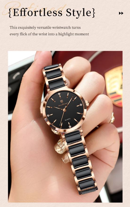 POEDAGAR 505 Women’s Luxury Rose Gold Black Quartz Watch – Ceramic Strap Fashion Wristwatch