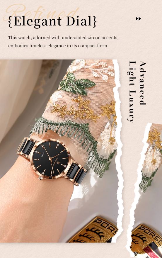 POEDAGAR 505 Women’s Luxury Rose Gold Black Quartz Watch – Ceramic Strap Fashion Wristwatch