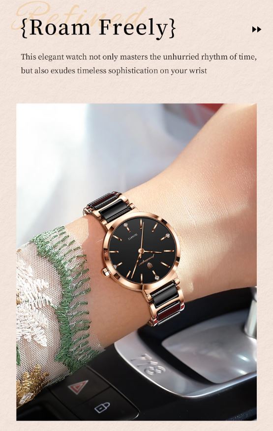 POEDAGAR 505 Women’s Luxury Rose Gold Black Quartz Watch – Ceramic Strap Fashion Wristwatch
