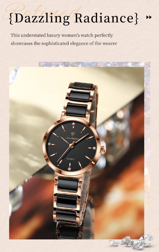 POEDAGAR 505 Women’s Luxury Rose Gold Black Quartz Watch – Ceramic Strap Fashion Wristwatch