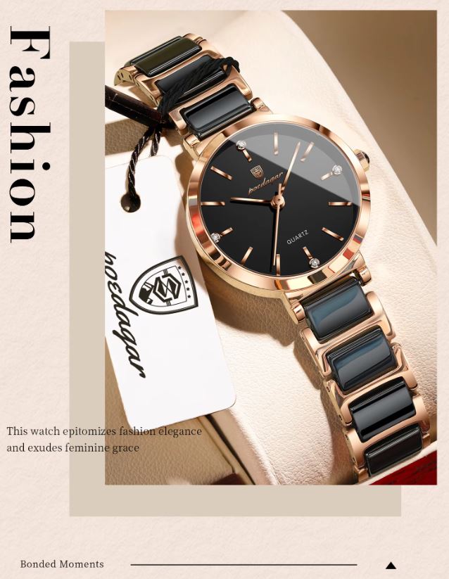 POEDAGAR 505 Women’s Luxury Rose Gold Black Quartz Watch – Ceramic Strap Fashion Wristwatch